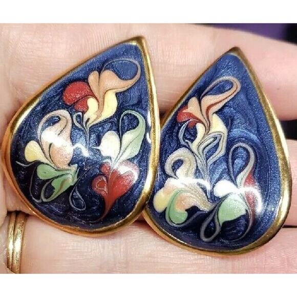 Retro Multicolored Earrings Glittery Swirl Enamel Curved Teardrop Gold Tone - Picture 1 of 13